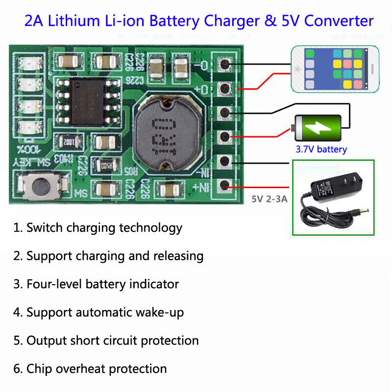 2A Lithium Li-ion 18650 3.7V Battery Charger DC 5V Converter Module Power Supply