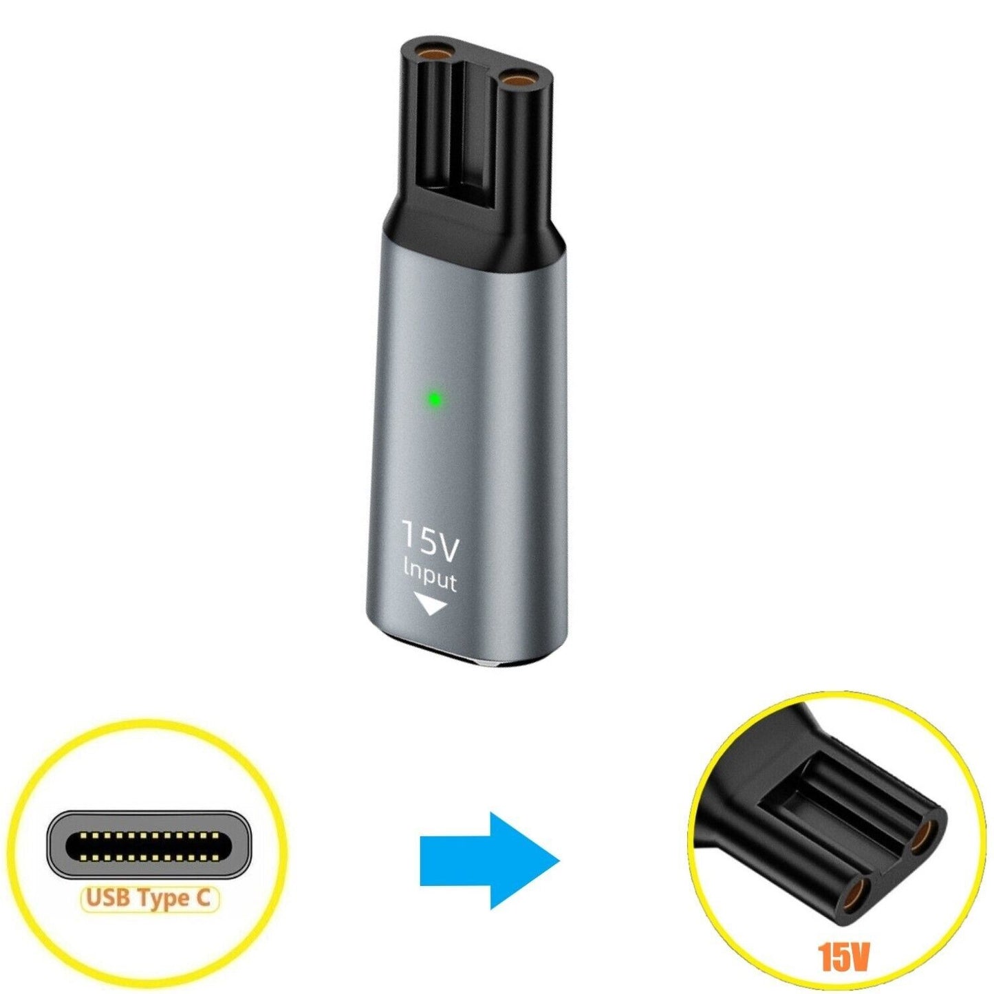 15V HQ8505 Type-C Shaver Charger Adapter Charging Converter for Philips Norelco HQ8505 7000 5000 3000 Series, OneBlade QP6520 QPP6530 QP6510, USB-C Shaver Converter