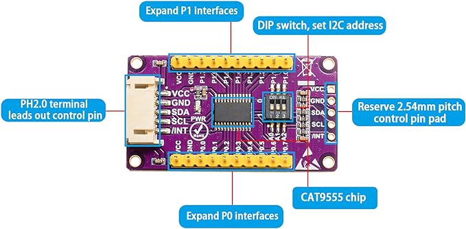 CAT9555 IO Expansion Module Board I2C Interface Expands 16 bit Parallel GPIO Expander, SMBus I/O Port, with Pre-soldered Header