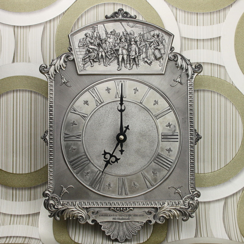 Vintage tin wall clock with pendulum. Reproduction of a painting by Rembrandt.