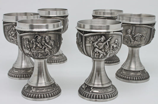 SIX splendid vintage tin wine goblets
