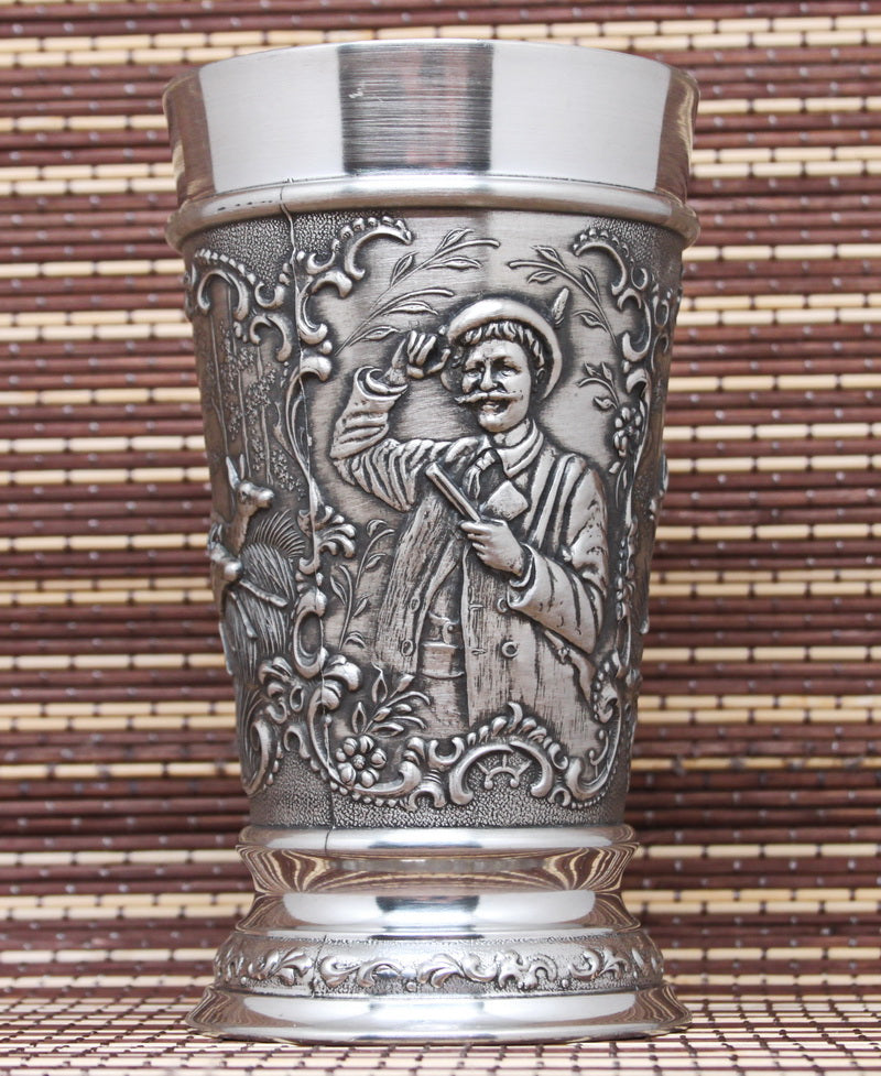 Large vintage pewter glass for beer. "Hunting"