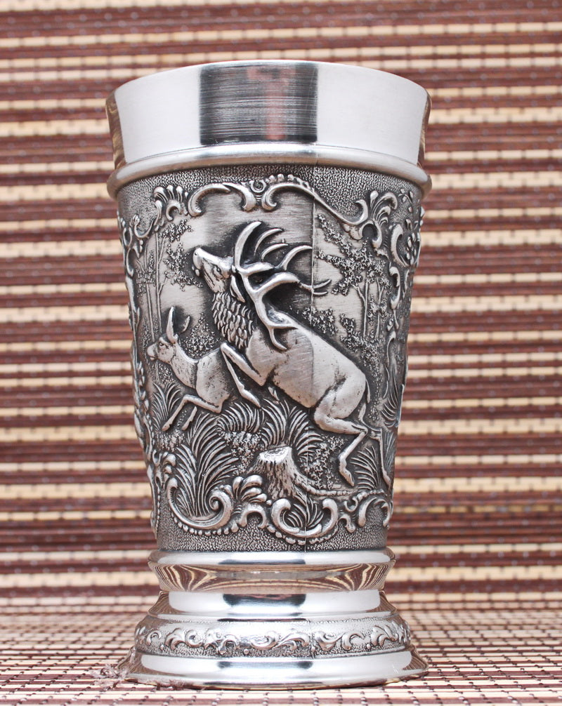 Large vintage pewter glass for beer. "Hunting"