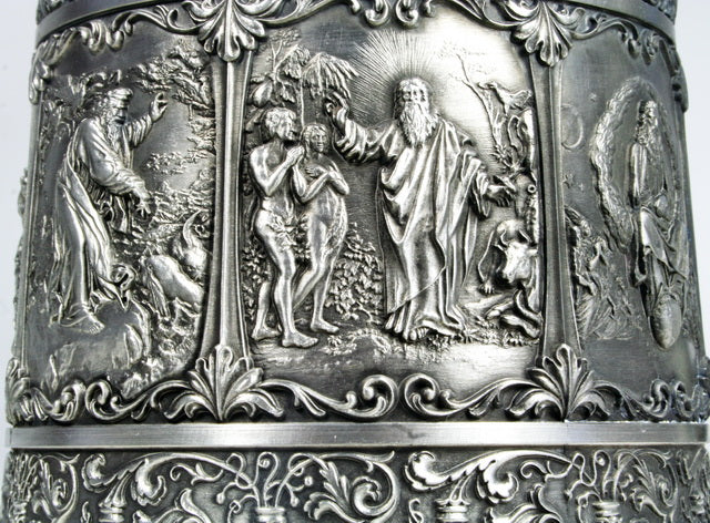 Huge collectible vintage tin mug with bas-reliefs. -Creation-