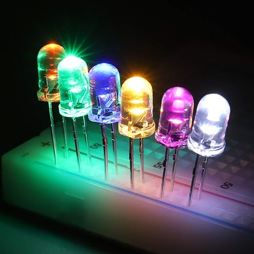 10 colors of LEDs with a diameter of 5 mm in assortment (transparent, 2–3.2 V, 20 mA)