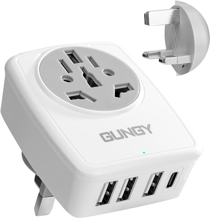 Travel adapter for traveling around the world. With 3 USB, 1 Type-C, AC outlet. Travel adapter type G