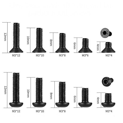 M3 screws. Screwed with a hexagon. Countersunk head screws. Ball head screws. Black. 4mm, 6mm, 8mm, 10mm, 12mm