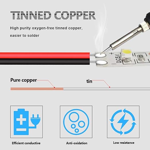 Extension cable 18 AWG. 2 conductors with a cross section of 0.8 mm² (34 strands/cable). Tinned copper. 12/24 VDC. Cable for connecting LED strips. Lighting