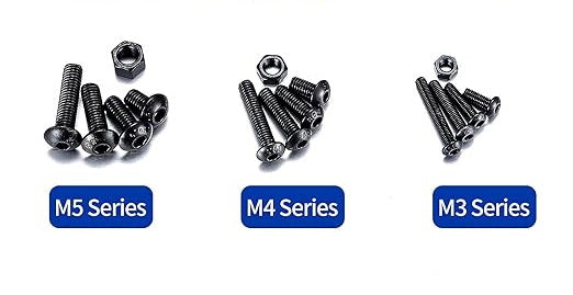 Set of 5 sets (hex screw + nut). Screws with M3, M4, M5 threads of different lengths are available.