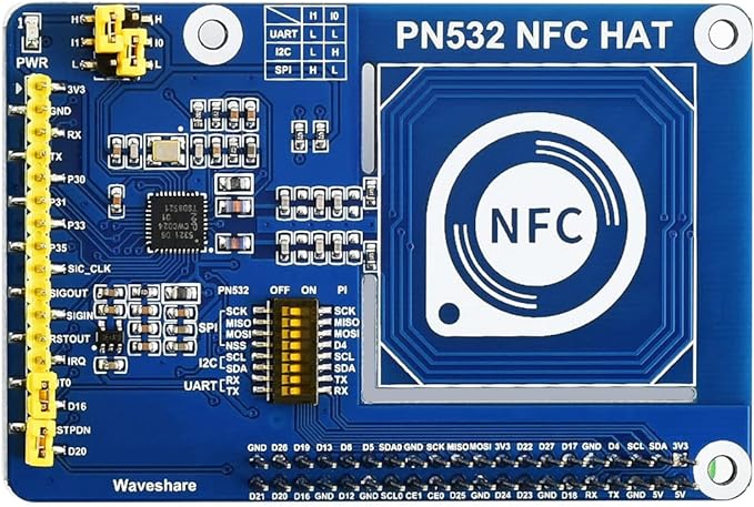 Raspberry Pi NFC HAT based on PN532 with 13.56 MHz frequency range and interfaces I2C SPI UART for payment system and Bluetooth and WiFi devices chaining and smartphone NFC