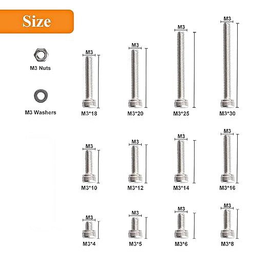 Stainless Steel M3 Hex Screw Set - Includes 5 Hex Screws, Nuts and Washers.