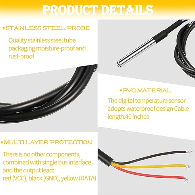 Waterproof Cable 3 m for Temperature Sensor DS18B20 . Suitable for Arduino & Raspberry Pi. Thermocouple