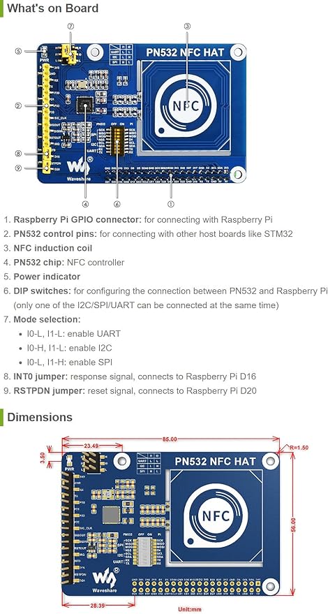 Raspberry Pi NFC HAT based on PN532 with 13.56 MHz frequency range and interfaces I2C SPI UART for payment system and Bluetooth and WiFi devices chaining and smartphone NFC