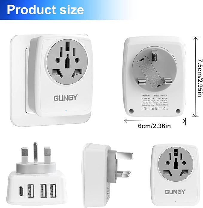 Travel adapter for traveling around the world. With 3 USB, 1 Type-C, AC outlet. Travel adapter type G