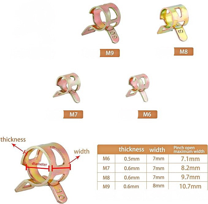 5 Sizes Hose Clamps Spring Hose Clamps Mini Fuel Line Pipe Clamps 5mm 6mm 7mm 8mm 9mm Gold