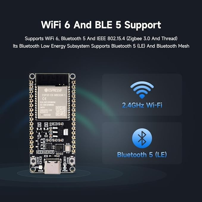 ESP32-C6 Microcontroller, WiFi 6, Development Board 160 MHz, Single-Core Processor ESP32-C6-WROOM-1-N8 Module Supports USB and UART Development