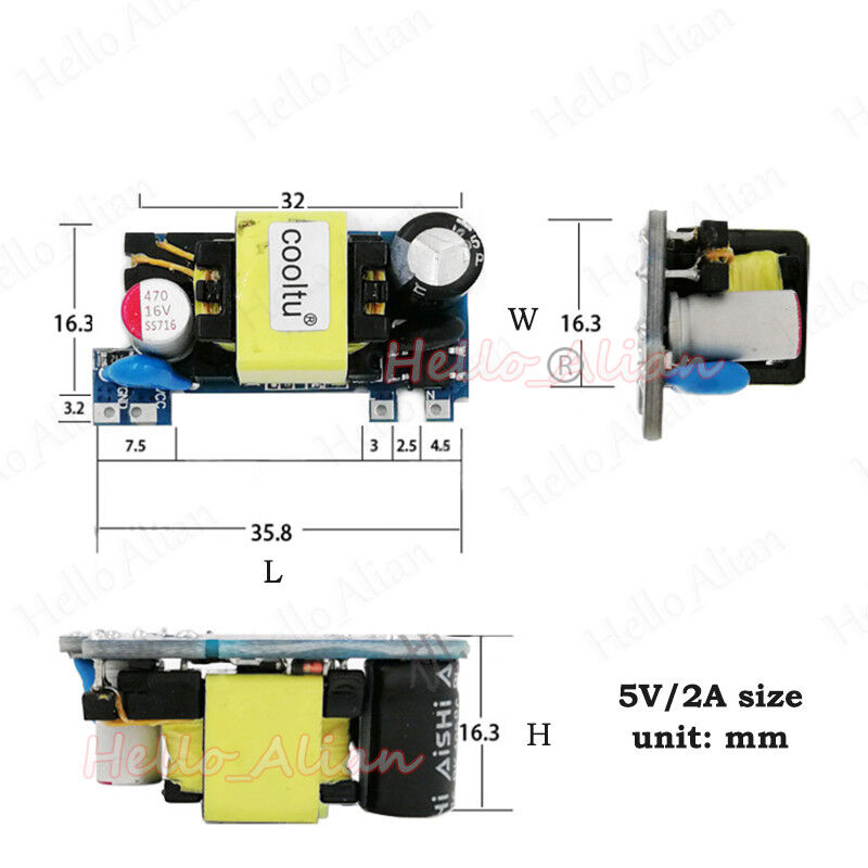 AC-DC converter. AC 110V, 220V, 230V to DC 5V 2А power supply mini PCB module