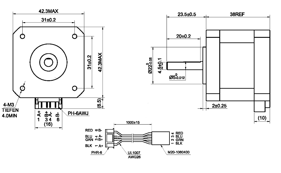 Stepper Motor Nema 17 Bipolar 42 Ncm 1.5 A 42 x 42 x 39 mm 4 Wires with 1 m Cable and  Connector for 3D Printer/CNC Milling Machine, Black