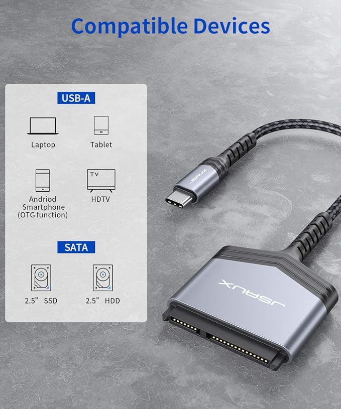 JSAUX SATA to USB C Cable USB C 3.1 to 2.5 Inch SATA III Hard Drive Adapter Type C for 2.5 Inch SSD and HDD Data Transfer Compatible Thunderbolt 3 Macbook Pro 20212020 Mac Mini etc. (Grey)