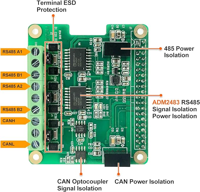 RS485 CAN HAT for Raspberry Pi Via SPI Onboard 1 x CAN Bus MCP2515 Transceiver 2 x RS485 Bus SC16IS1752 Signal and Power Isolated ESD Protection Port Stable Long-Distance Communication Module